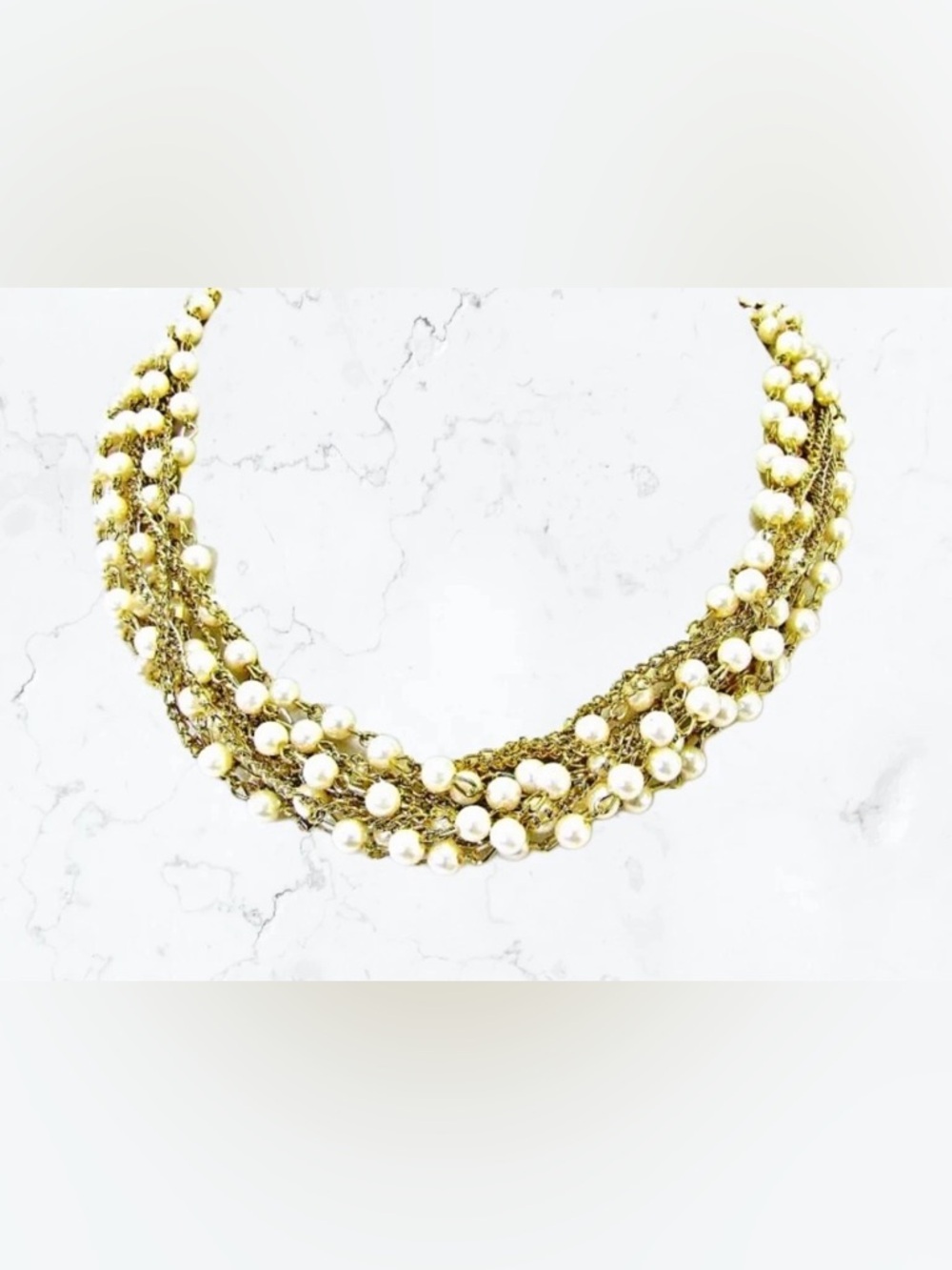 Pearl multi strand necklace with rhinestones and gold tone chain - NEW